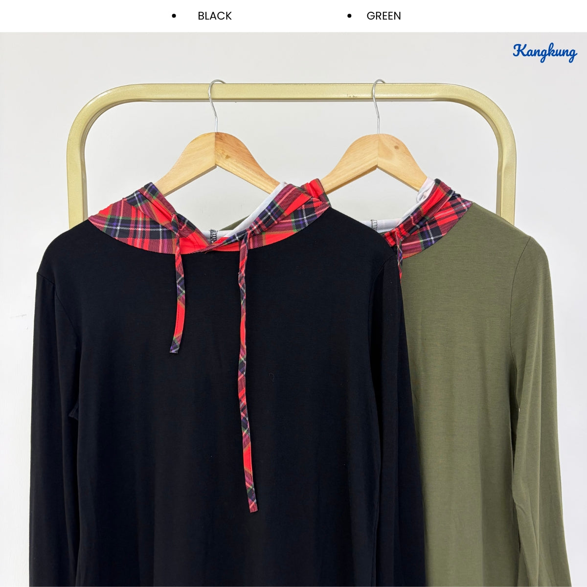 KANGKUNG CLOVER PLAID PANEL HOODED LONG TOP - Q016