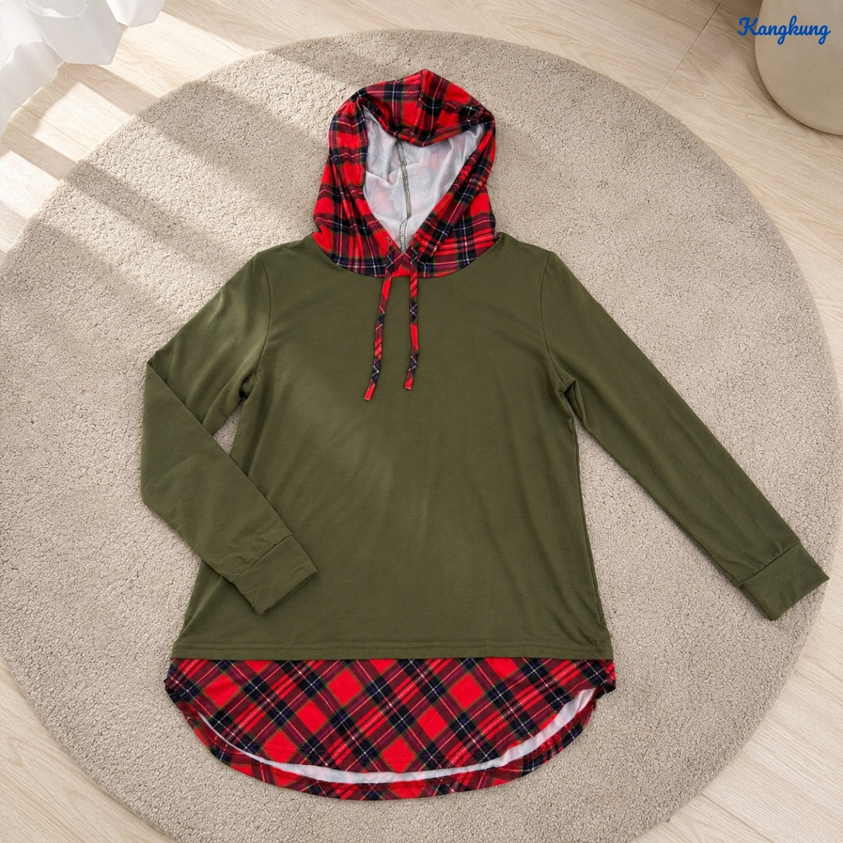 KANGKUNG CLOVER PLAID PANEL HOODED LONG TOP - Q016
