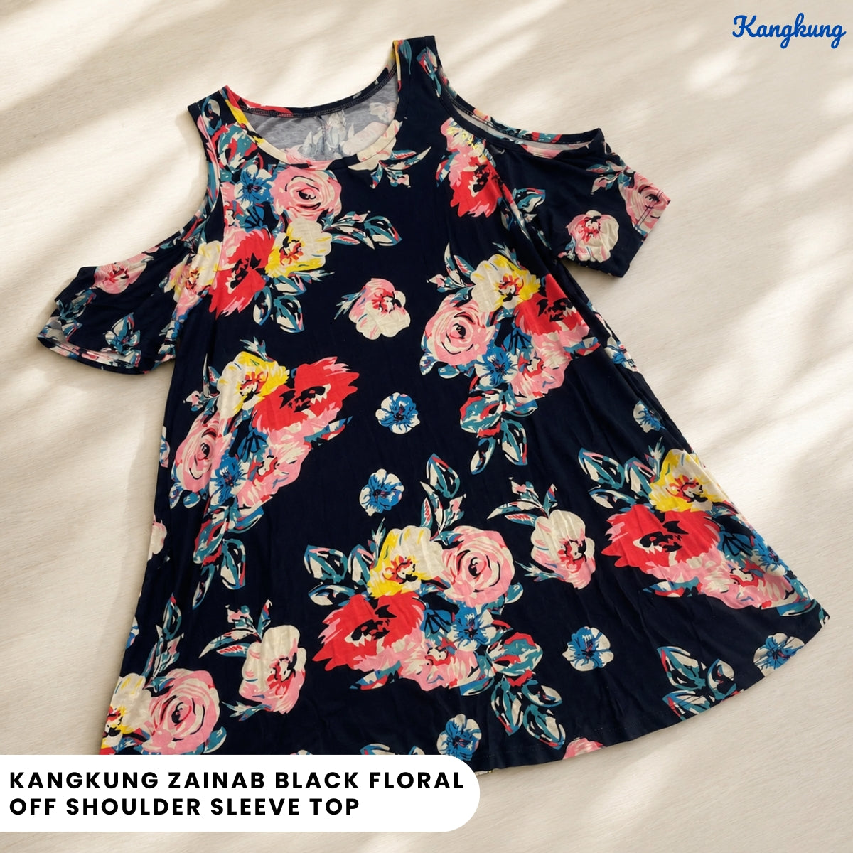 KANGKUNG ZAINAB BLACK FLORAL OFF SHOULDER SLEEVE TOP - Q019
