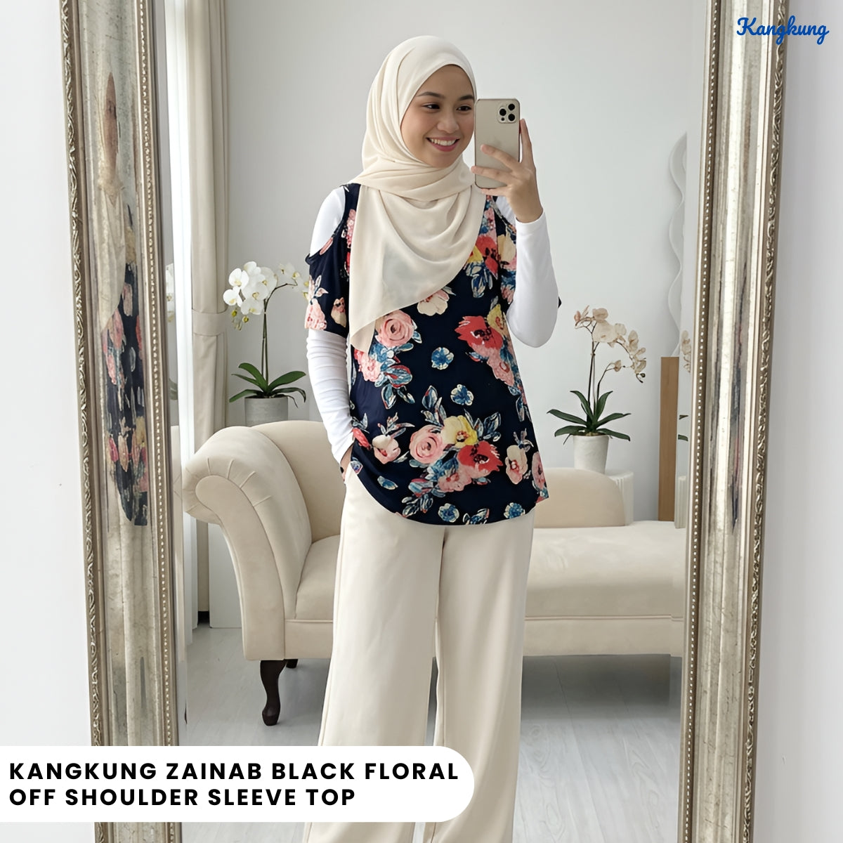 KANGKUNG ZAINAB BLACK FLORAL OFF SHOULDER SLEEVE TOP - Q019