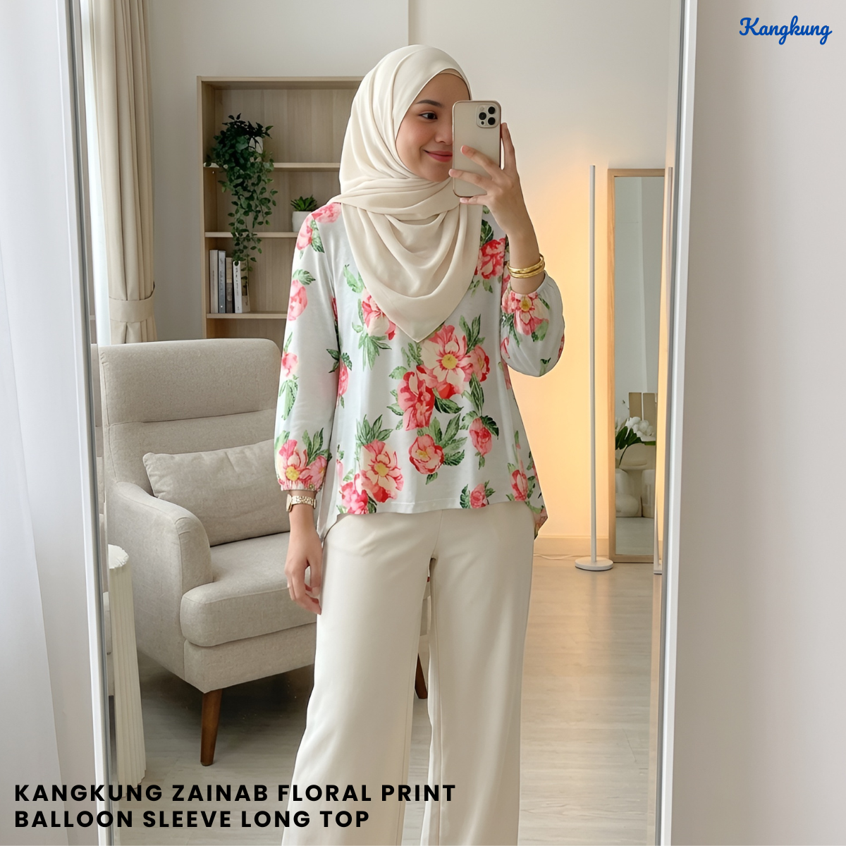 KANGKUNG ZAINAB FLORAL PRINT BALLOON SLEEVE LONG TOP - Q019