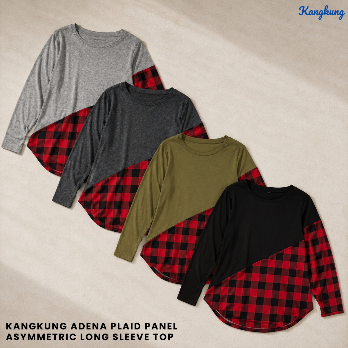KANGKUNG ADENA PLAID PANEL ASYMMETRIC LONG SLEEVE TOP - Q023