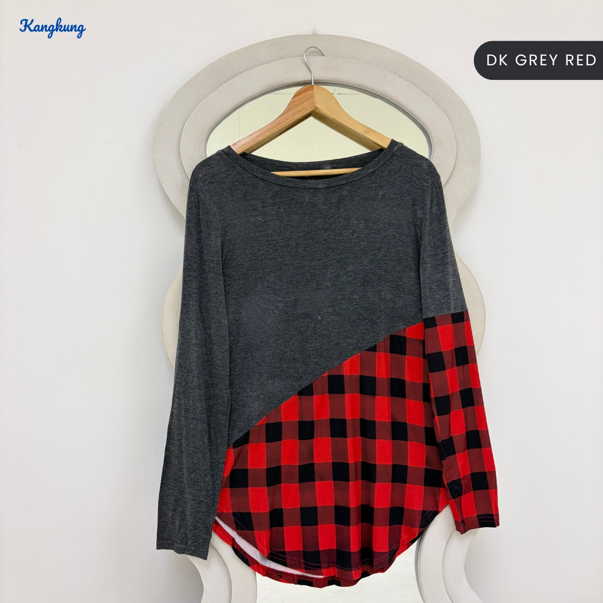 KANGKUNG ADENA PLAID PANEL ASYMMETRIC LONG SLEEVE TOP - Q023