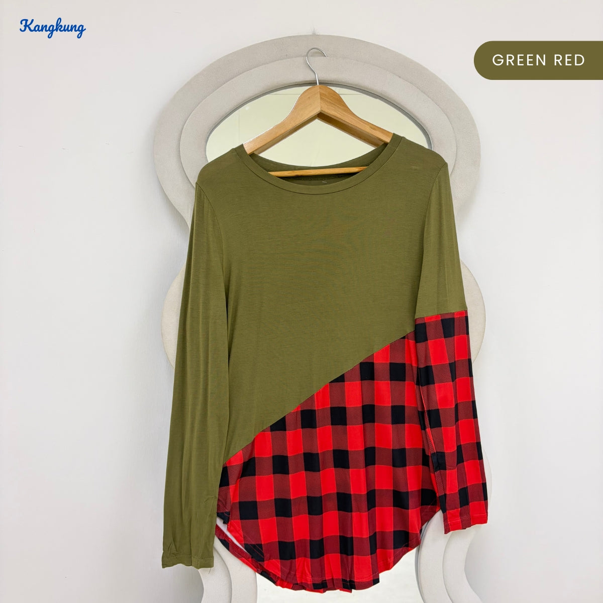 KANGKUNG ADENA PLAID PANEL ASYMMETRIC LONG SLEEVE TOP - Q023