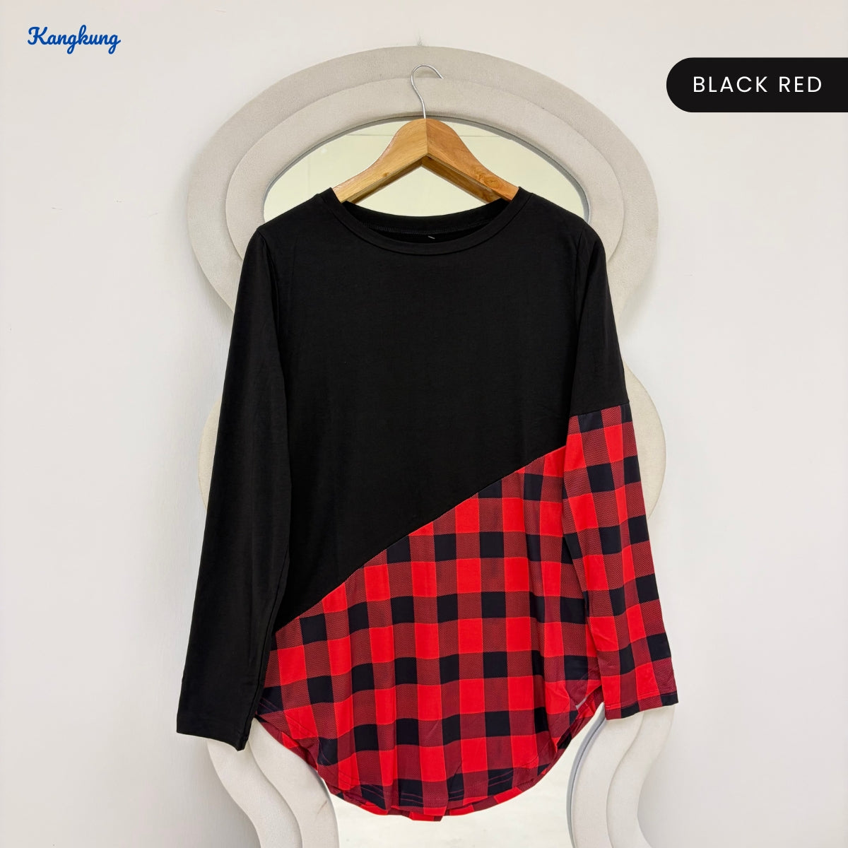 KANGKUNG ADENA PLAID PANEL ASYMMETRIC LONG SLEEVE TOP - Q023