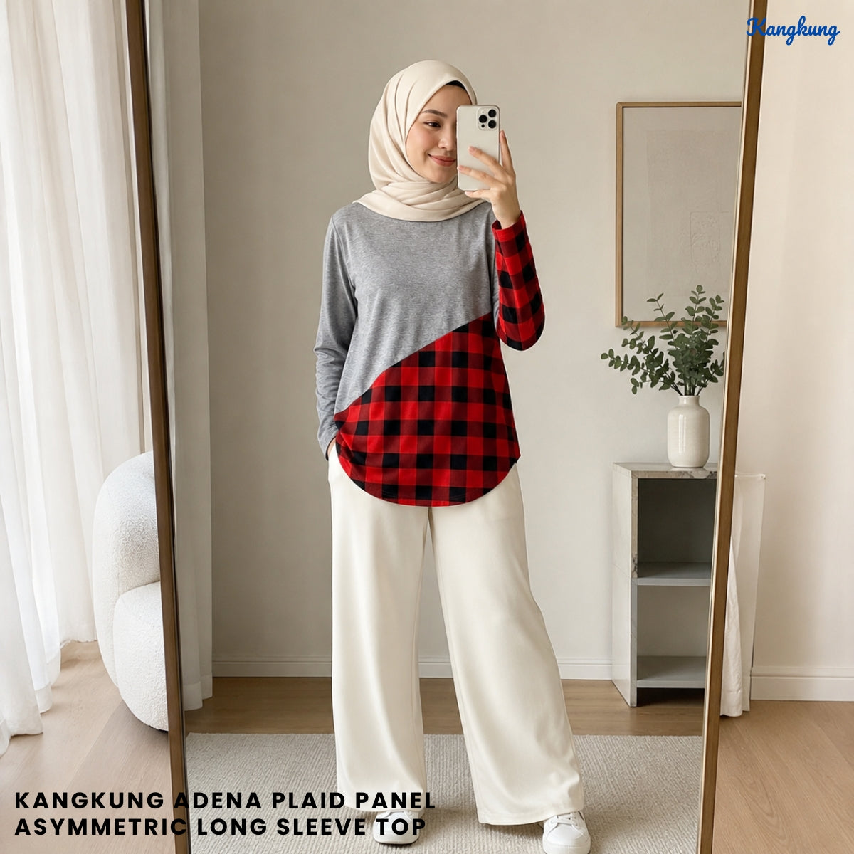 KANGKUNG ADENA PLAID PANEL ASYMMETRIC LONG SLEEVE TOP - Q023