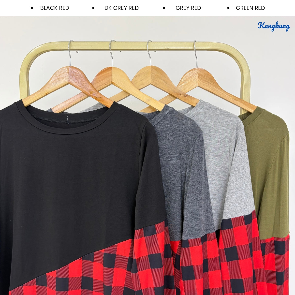 KANGKUNG ADENA PLAID PANEL ASYMMETRIC LONG SLEEVE TOP - Q023