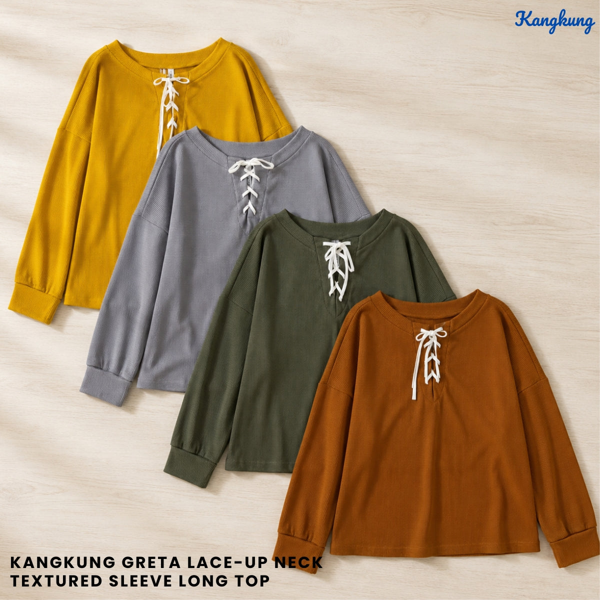 KANGKUNG GRETA LACE-UP NECK TEXTURED SLEEVE LONG TOP - Q024