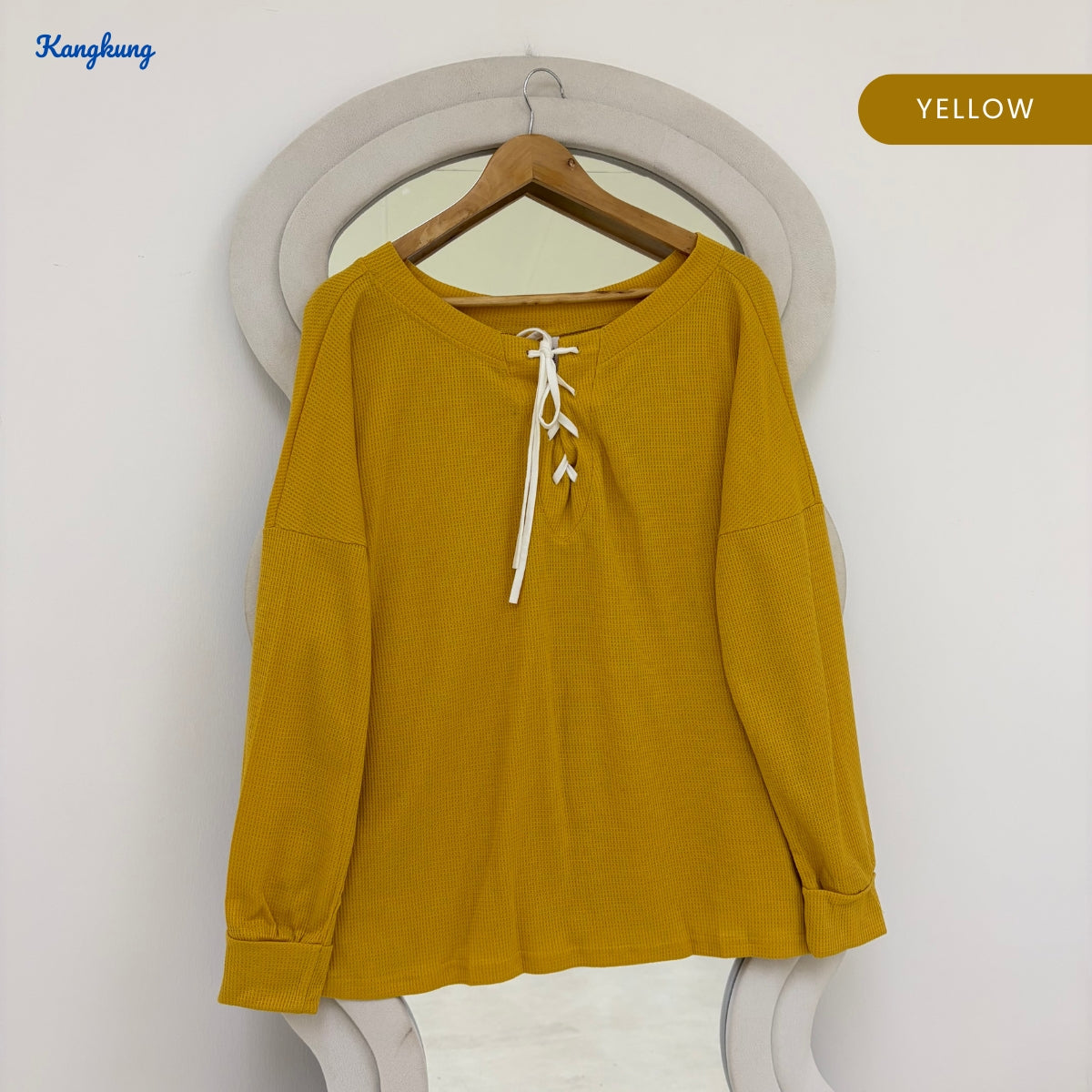 KANGKUNG GRETA LACE-UP NECK TEXTURED SLEEVE LONG TOP - Q024