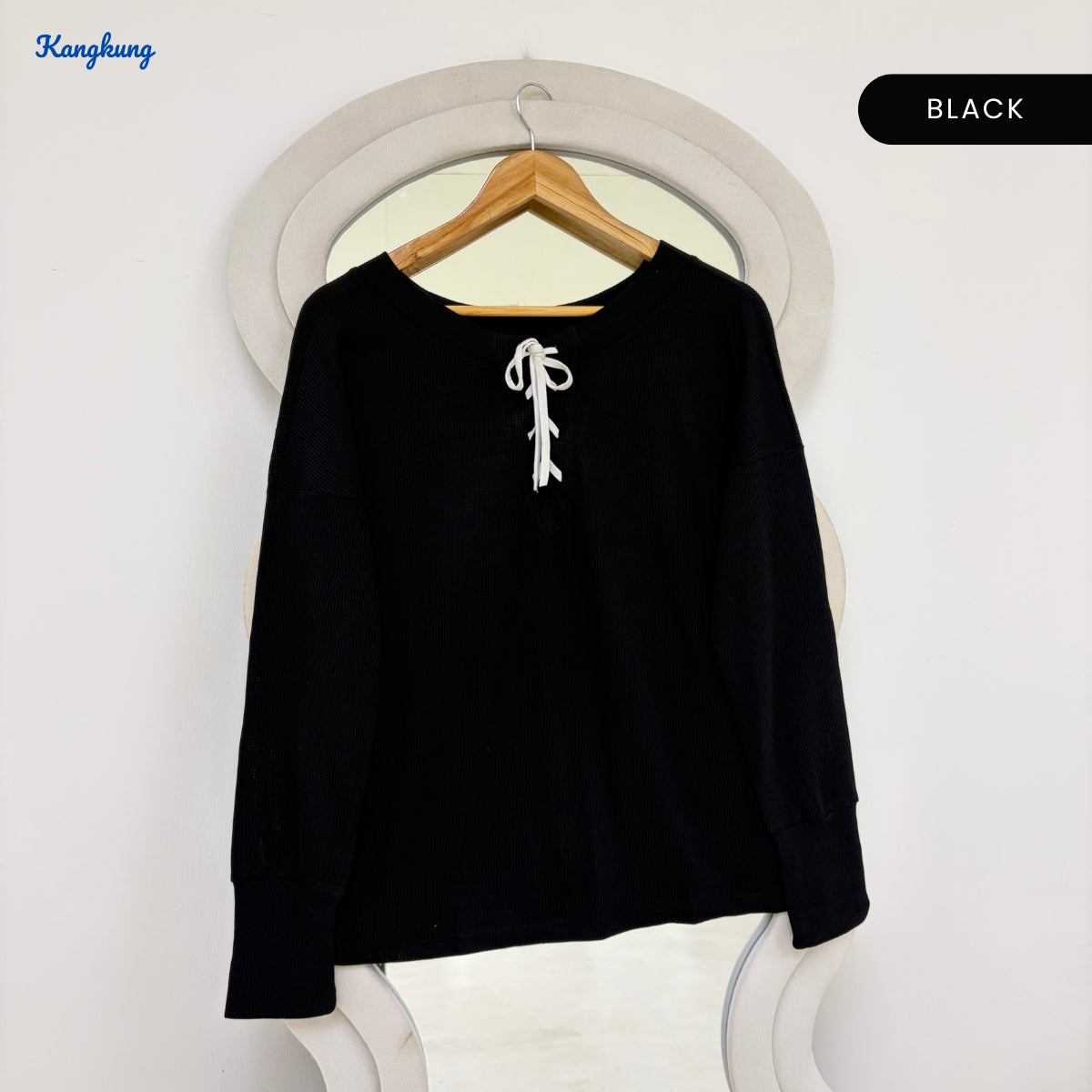 KANGKUNG GRETA LACE-UP NECK TEXTURED SLEEVE LONG TOP - Q024