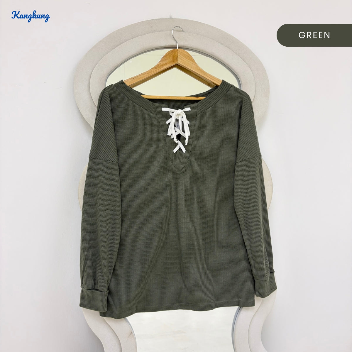 KANGKUNG GRETA LACE-UP NECK TEXTURED SLEEVE LONG TOP - Q024