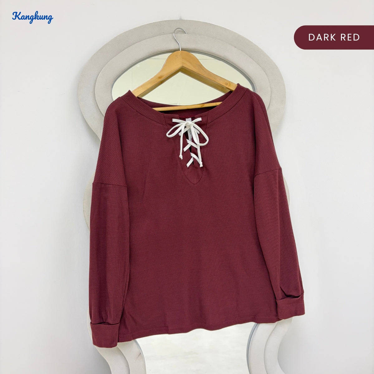 KANGKUNG GRETA LACE-UP NECK TEXTURED SLEEVE LONG TOP - Q024