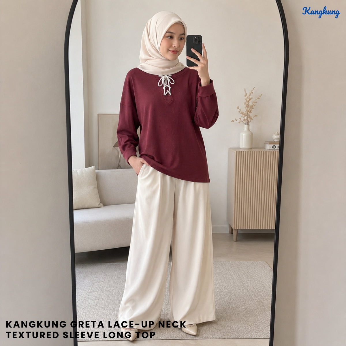 KANGKUNG GRETA LACE-UP NECK TEXTURED SLEEVE LONG TOP - Q024
