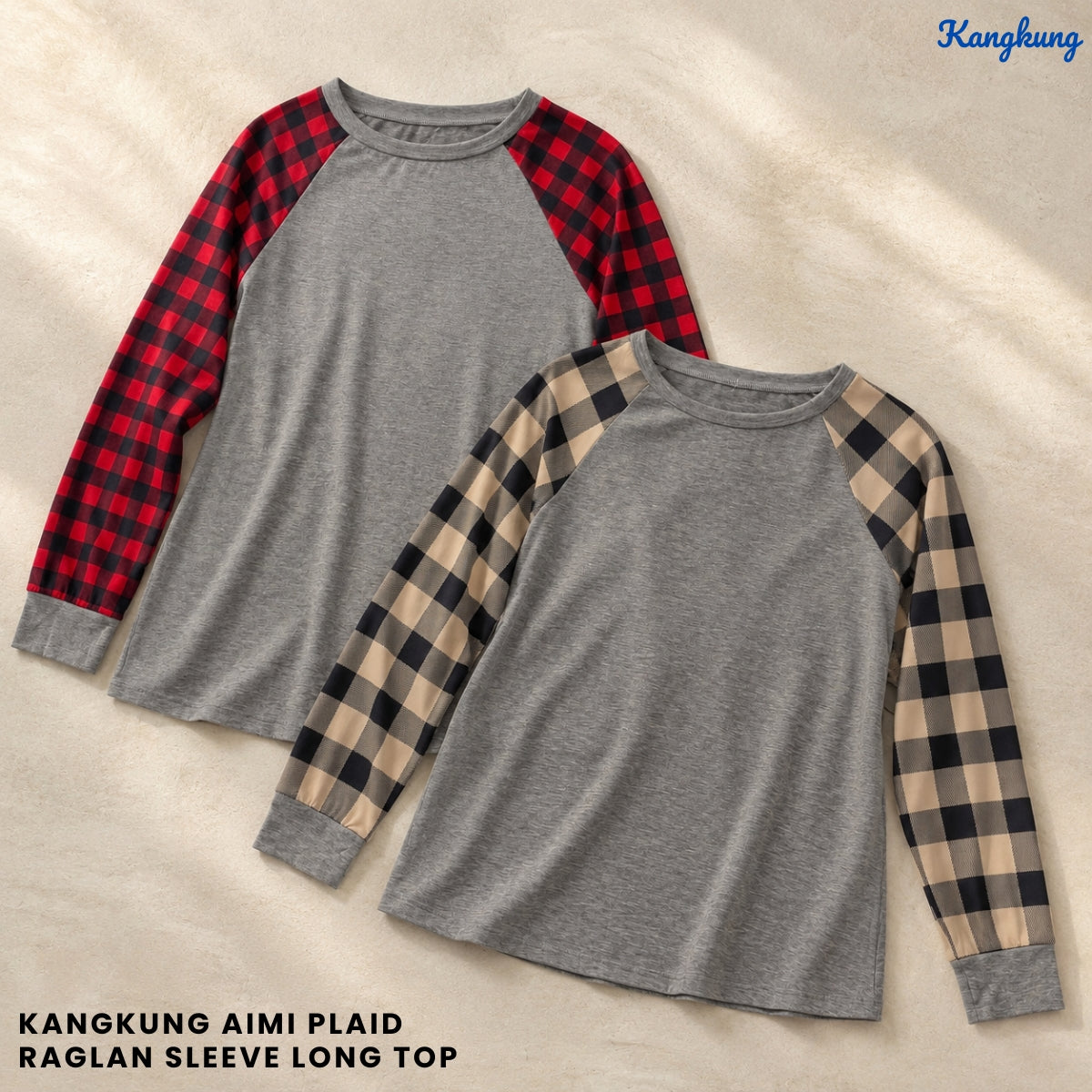 KANGKUNG AIMI PLAID RAGLAN SLEEVE LONG TOP - Q027