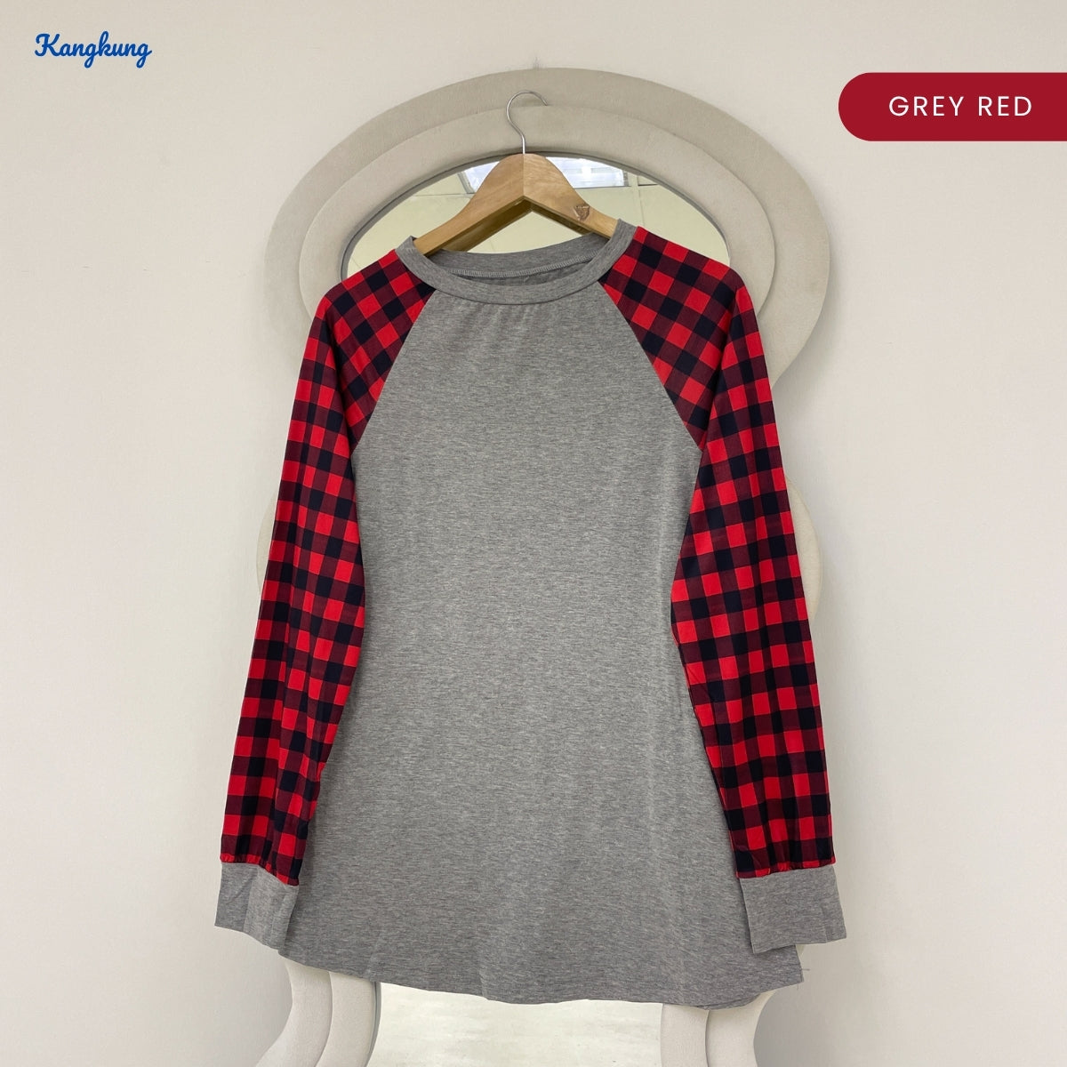 KANGKUNG AIMI PLAID RAGLAN SLEEVE LONG TOP - Q027