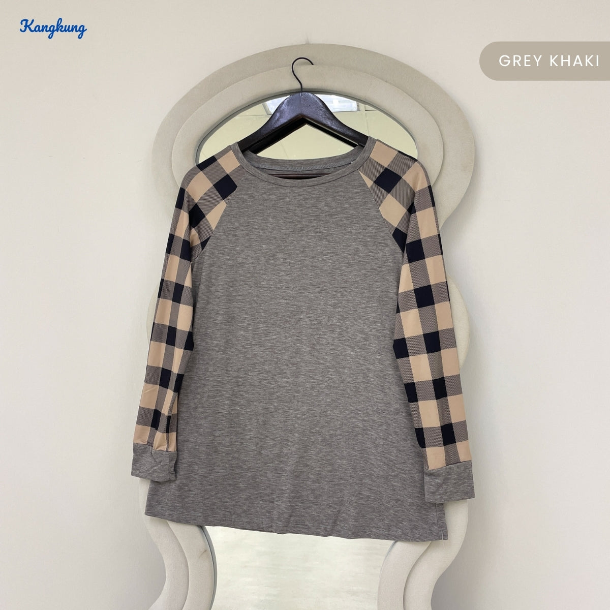 KANGKUNG AIMI PLAID RAGLAN SLEEVE LONG TOP - Q027