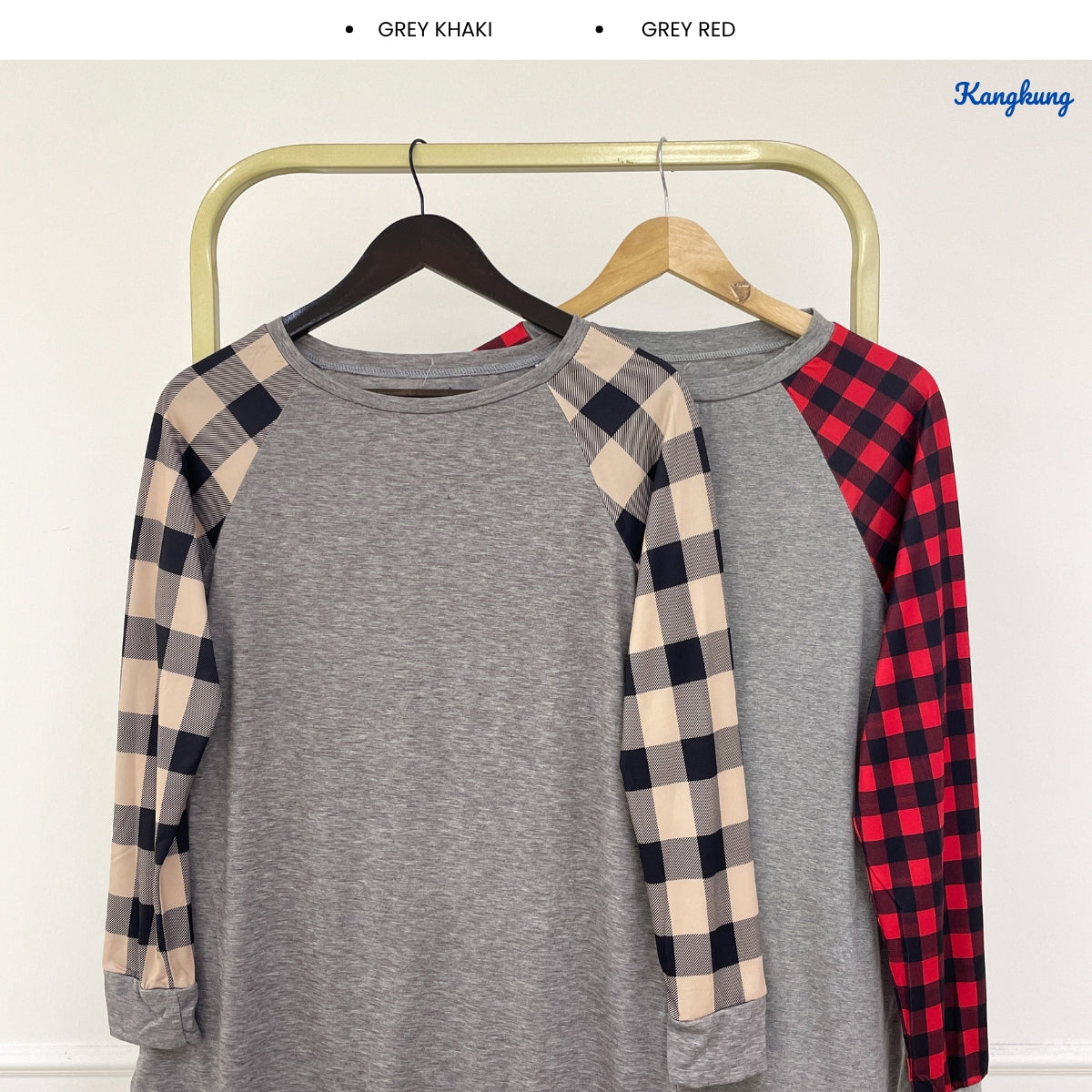 KANGKUNG AIMI PLAID RAGLAN SLEEVE LONG TOP - Q027