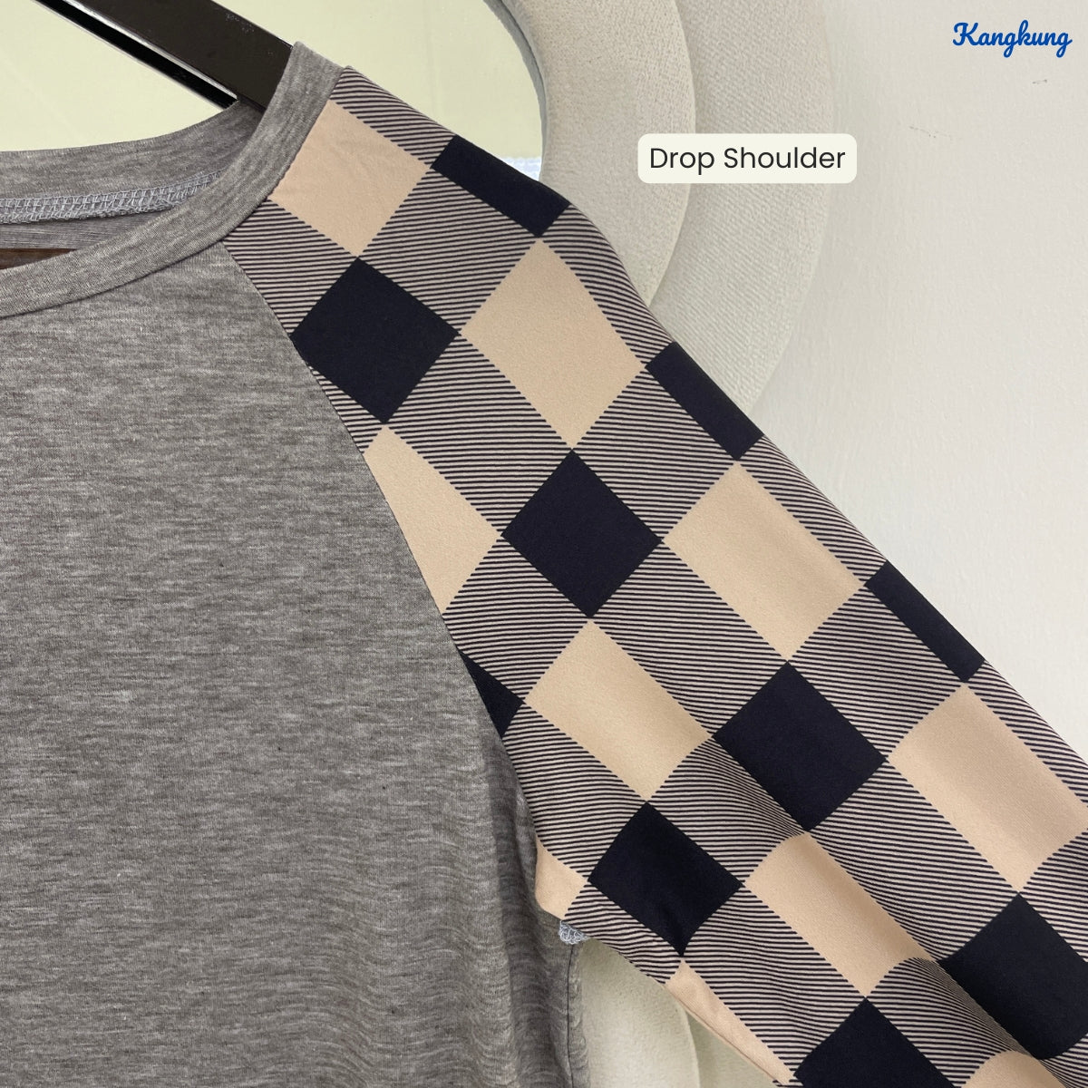 KANGKUNG AIMI PLAID RAGLAN SLEEVE LONG TOP - Q027