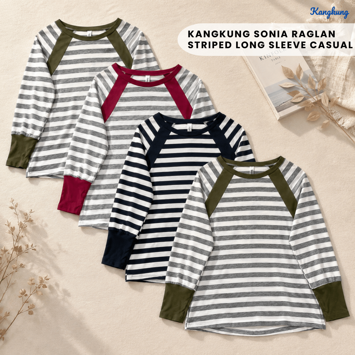 KANGKUNG SONIA RAGLAN STRIPED LONG SLEEVE CASUAL TOP-Q028
