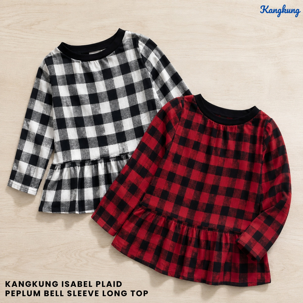 KANGKUNG ISABEL PLAID PEPLUM BELL SLEEVE LONG TOP - Q029