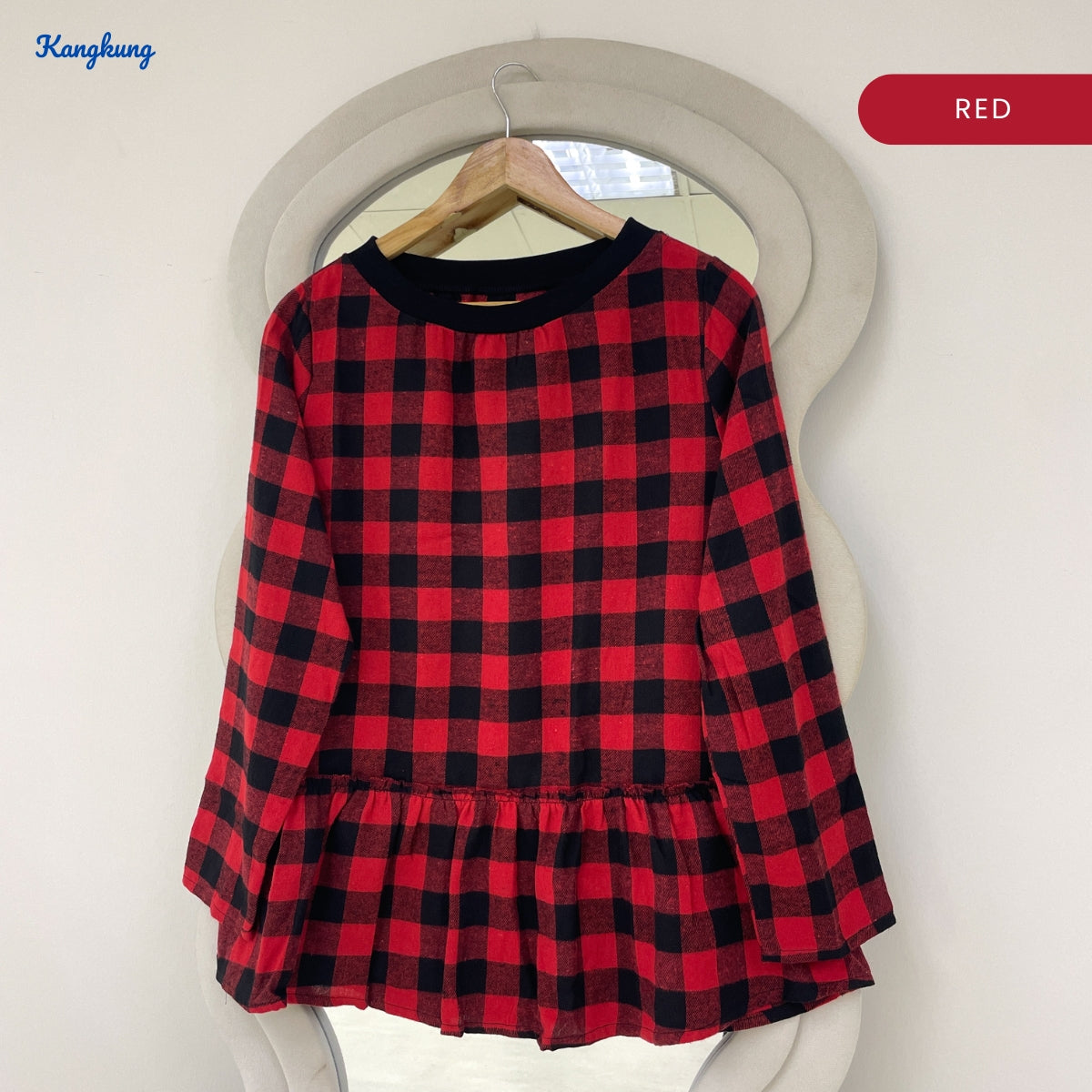 KANGKUNG ISABEL PLAID PEPLUM BELL SLEEVE LONG TOP - Q029