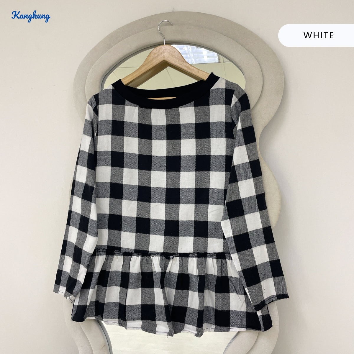 KANGKUNG ISABEL PLAID PEPLUM BELL SLEEVE LONG TOP - Q029