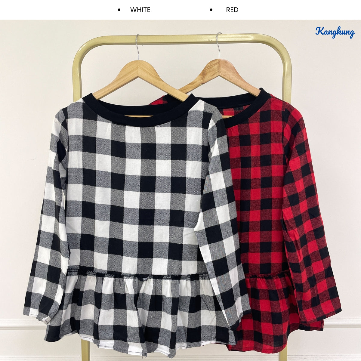 KANGKUNG ISABEL PLAID PEPLUM BELL SLEEVE LONG TOP - Q029