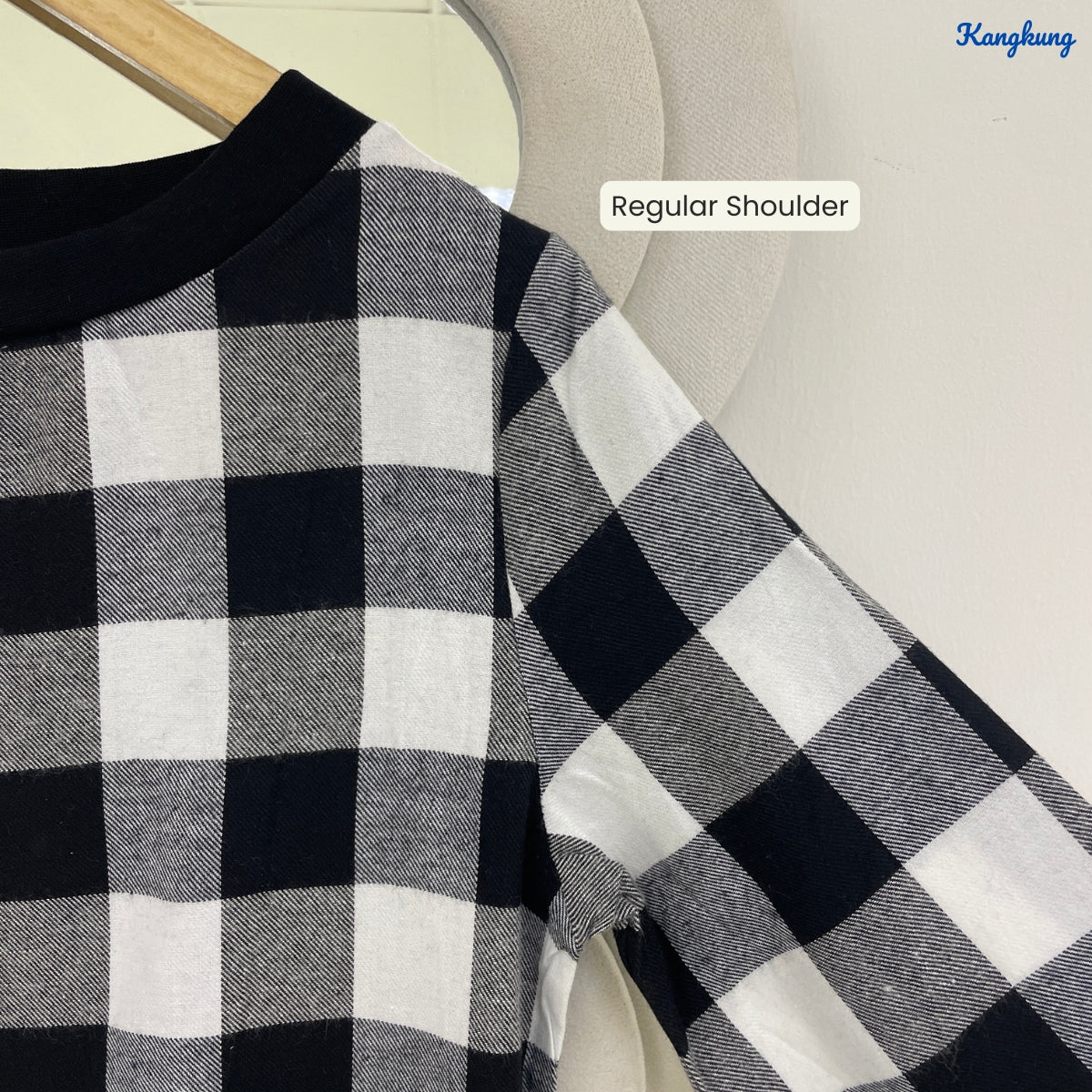 KANGKUNG ISABEL PLAID PEPLUM BELL SLEEVE LONG TOP - Q029