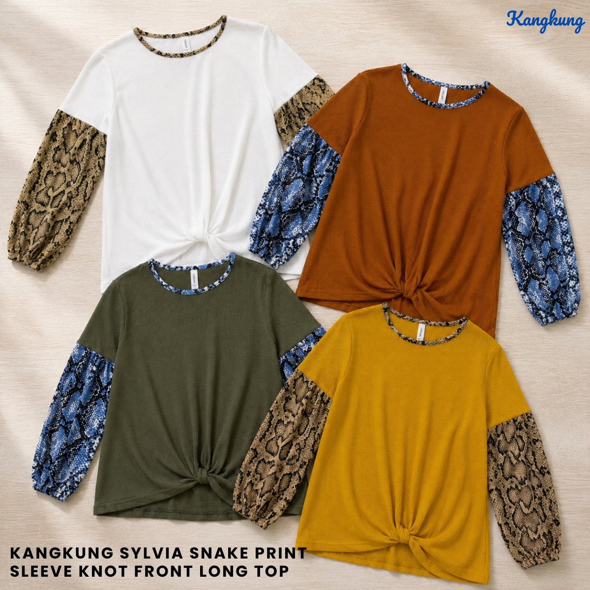 KANGKUNG SYLVIA SNAKE PRINT SLEEVE KNOT FRONT LONG TOP - Q031