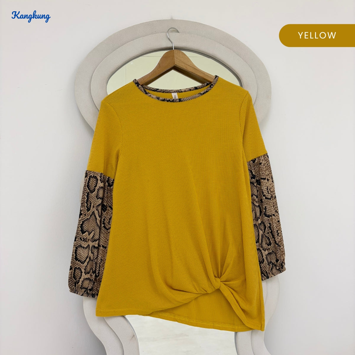 KANGKUNG SYLVIA SNAKE PRINT SLEEVE KNOT FRONT LONG TOP - Q031