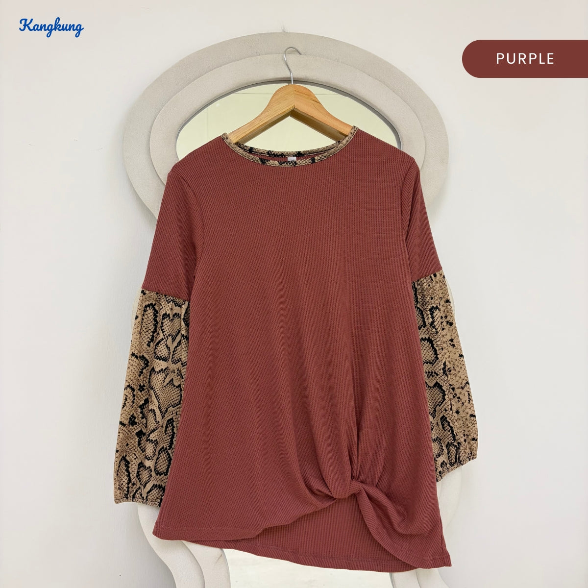KANGKUNG SYLVIA SNAKE PRINT SLEEVE KNOT FRONT LONG TOP - Q031