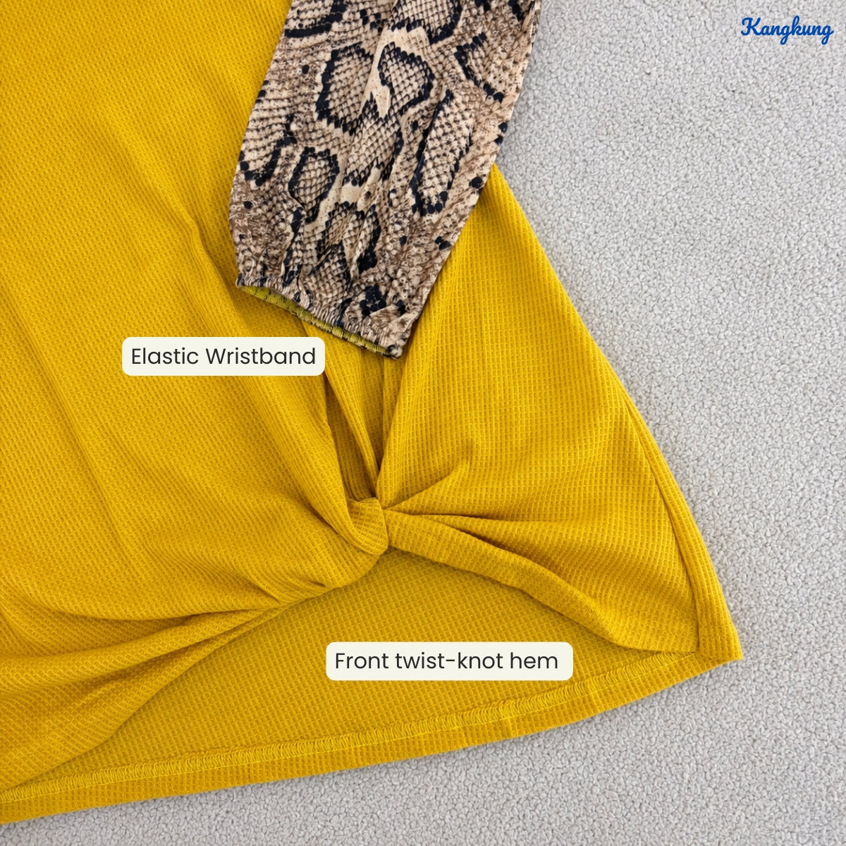 KANGKUNG SYLVIA SNAKE PRINT SLEEVE KNOT FRONT LONG TOP - Q031