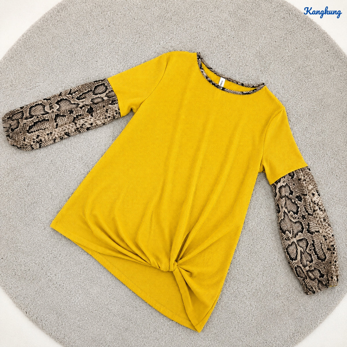 KANGKUNG SYLVIA SNAKE PRINT SLEEVE KNOT FRONT LONG TOP - Q031