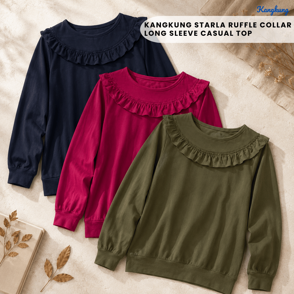 KANGKUNG STARLA RUFFLE COLLAR LONG SLEEVE CASUAL TOP - Q032