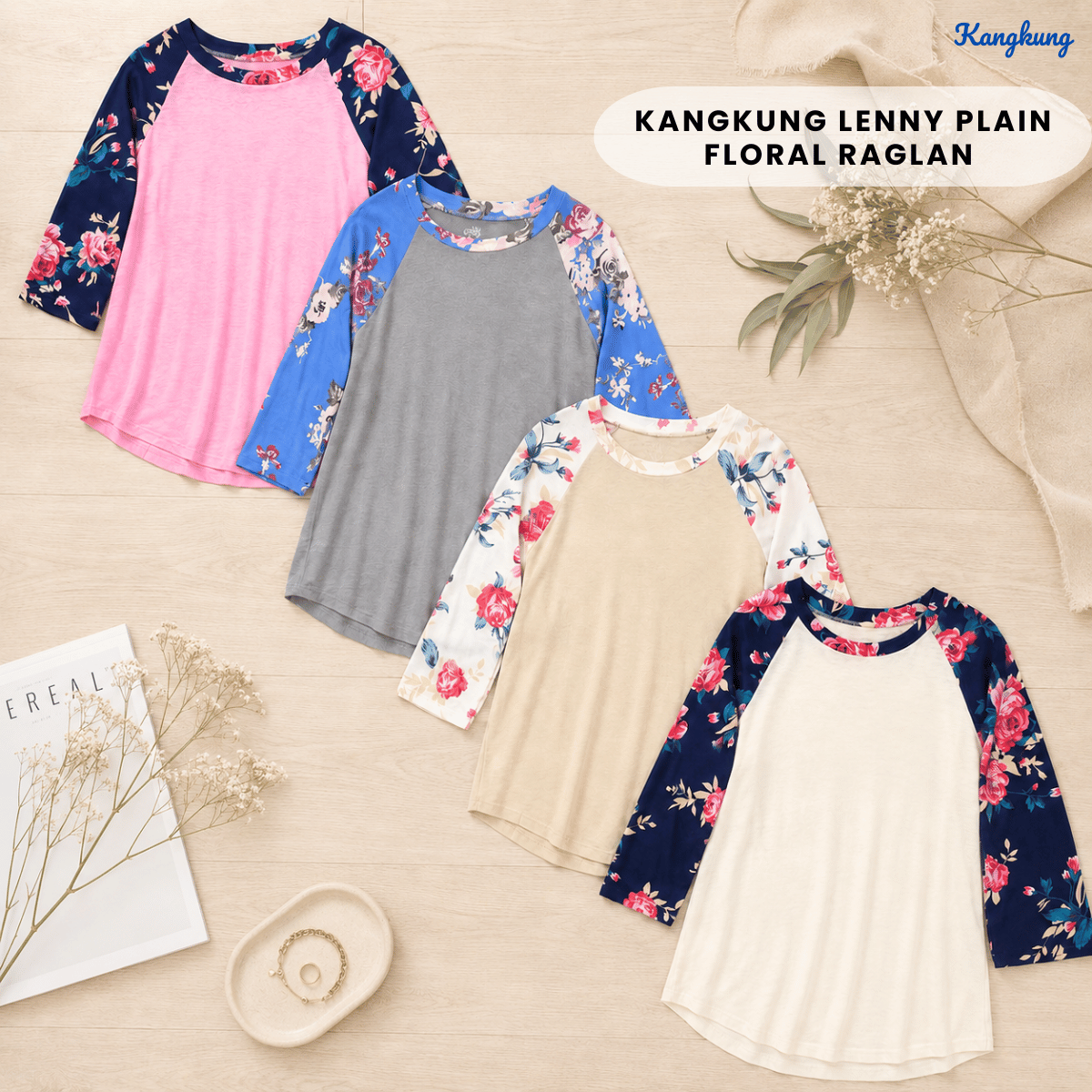 KANGKUNG LENNY PLAIN FLORAL RAGLAN TOP-Q034