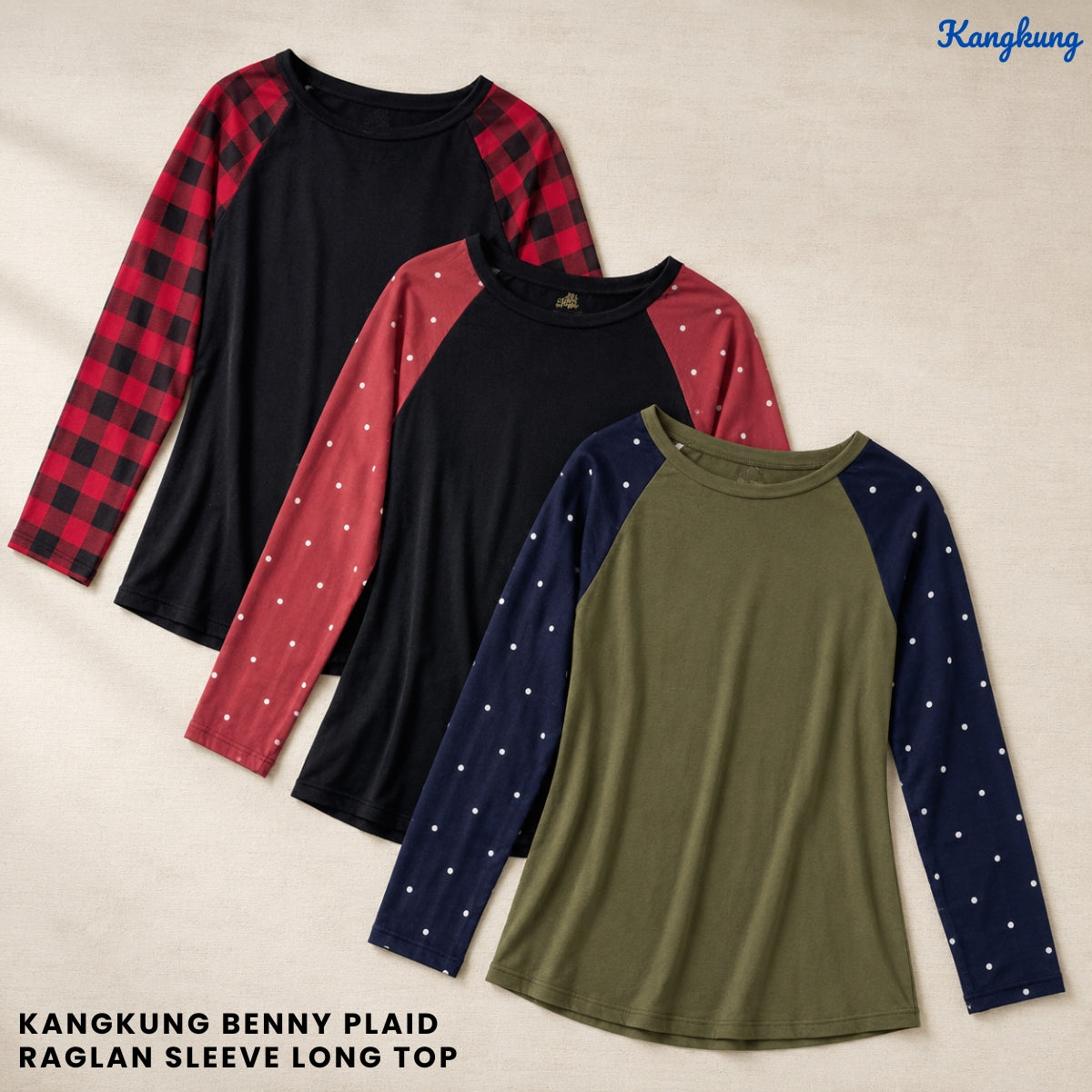 KANGKUNG BENNY PLAID RAGLAN SLEEVE LONG TOP - Q035