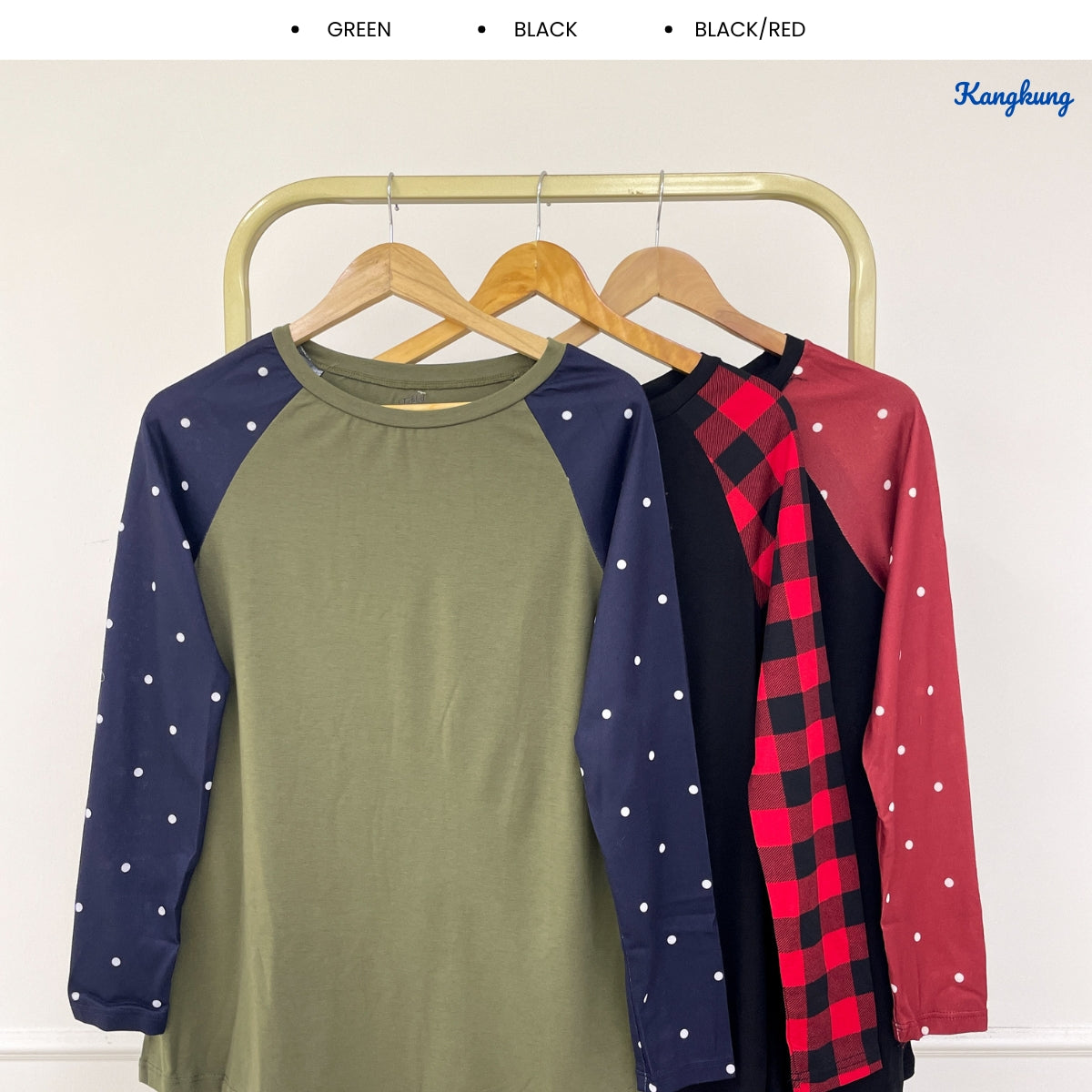KANGKUNG BENNY PLAID RAGLAN SLEEVE LONG TOP - Q035