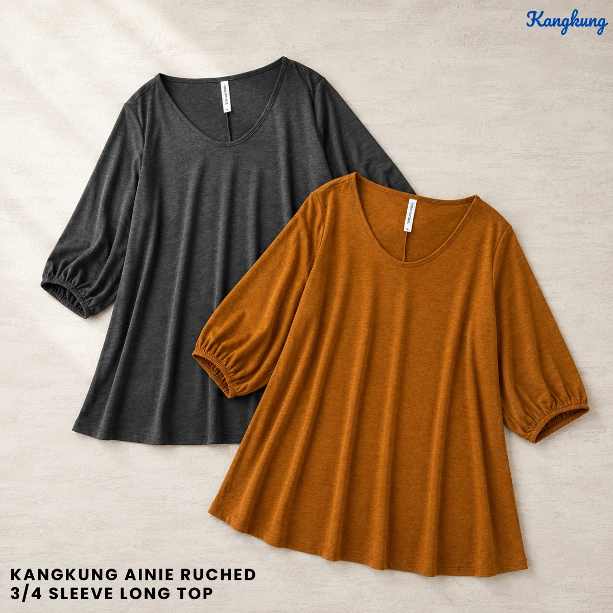 KANGKUNG AINIE RUCHED 3/4 SLEEVE LONG TOP - Q038