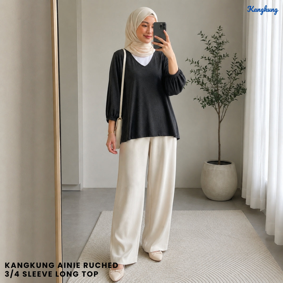 KANGKUNG AINIE RUCHED 3/4 SLEEVE LONG TOP - Q038