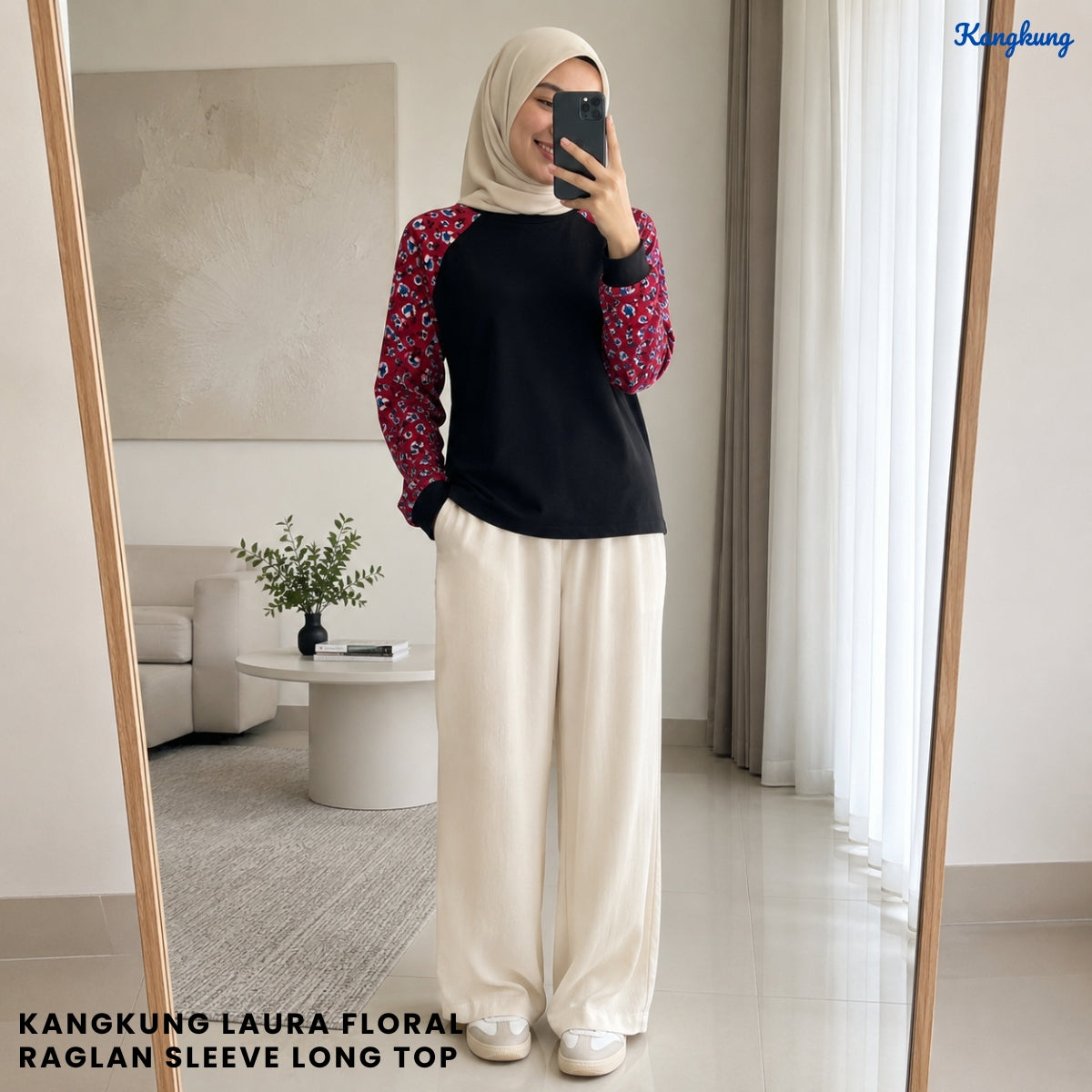 KANGKUNG LAURA FLORAL RAGLAN SLEEVE LONG TOP - Q039