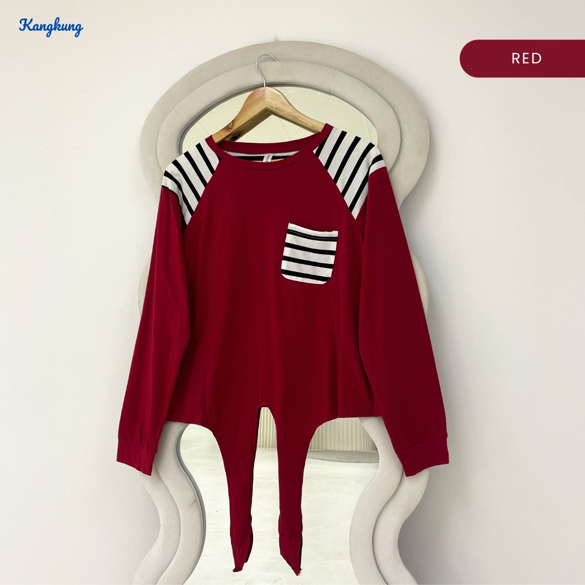 KANGKUNG LAUREL STRIPED PANEL POCKET TIE-FRONT LONG SLEEVE TOP - Q040