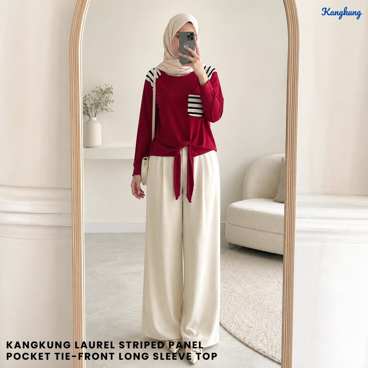 KANGKUNG LAUREL STRIPED PANEL POCKET TIE-FRONT LONG SLEEVE TOP - Q040