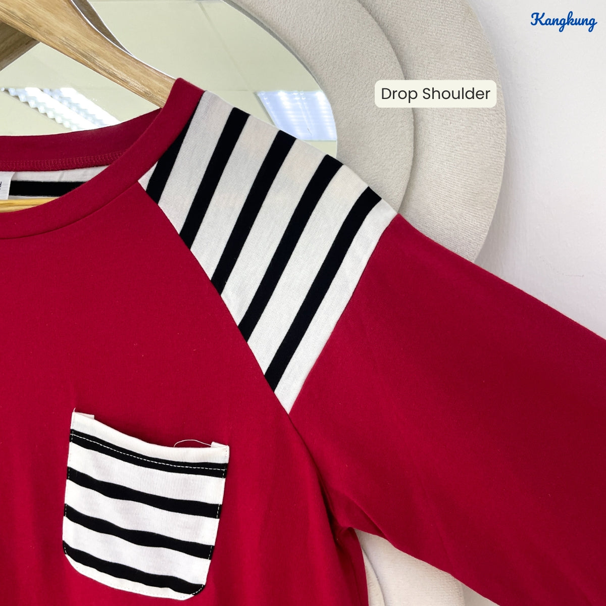 KANGKUNG LAUREL STRIPED PANEL POCKET TIE-FRONT LONG SLEEVE TOP - Q040