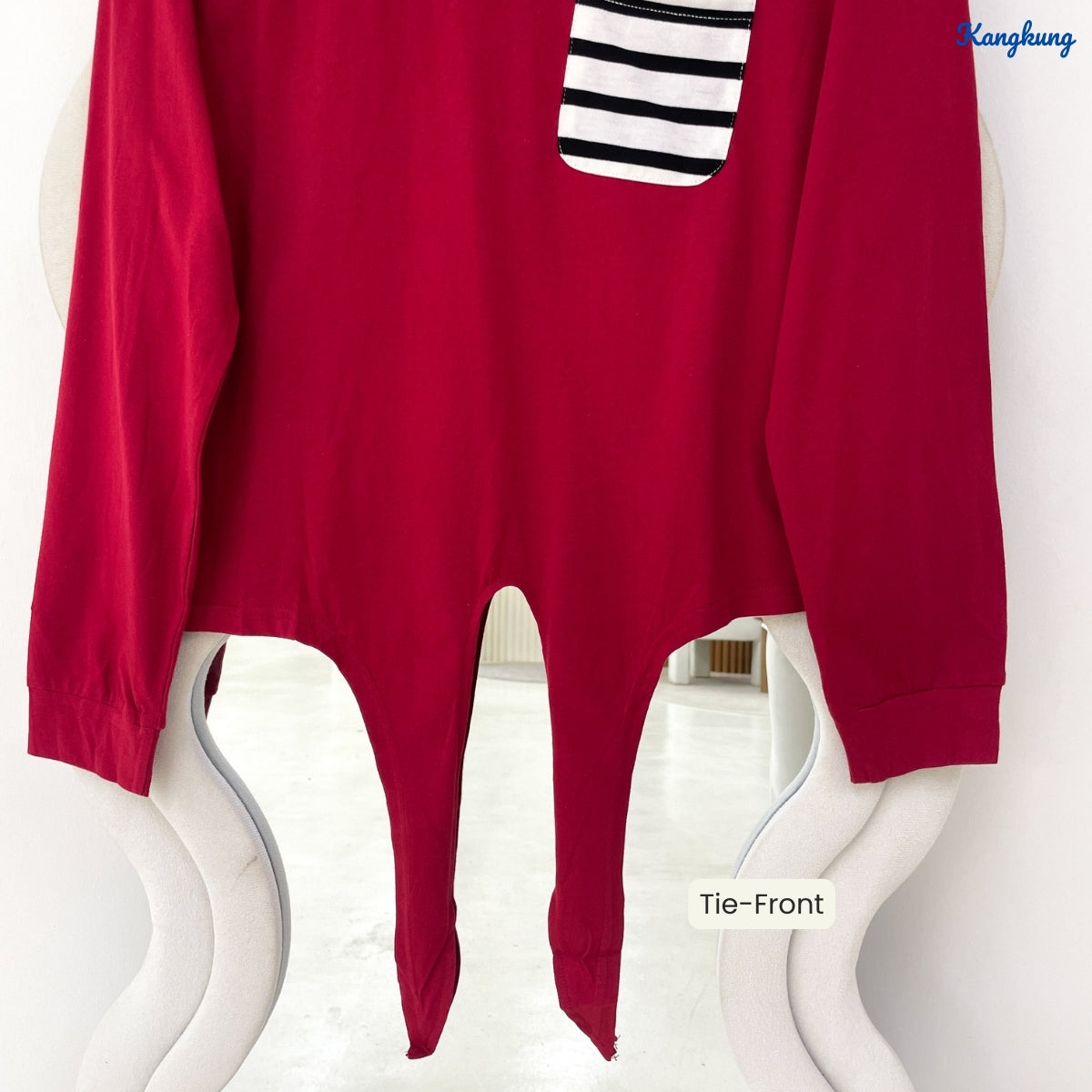 KANGKUNG LAUREL STRIPED PANEL POCKET TIE-FRONT LONG SLEEVE TOP - Q040