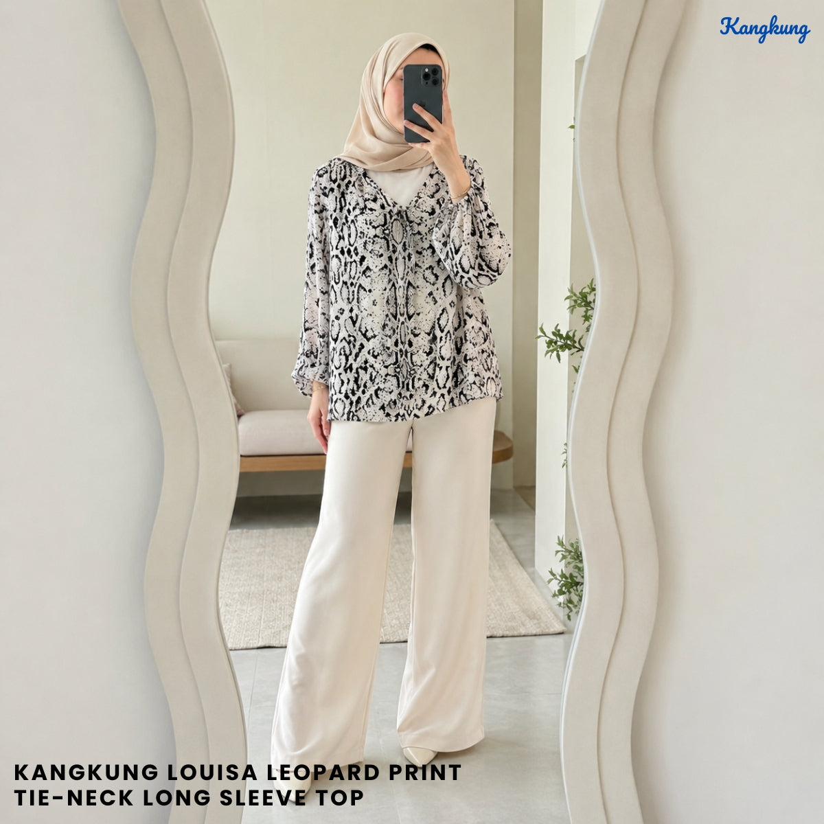 KANGKUNG LOUISA LEOPARD PRINT TIE-NECK LONG SLEEVE TOP - Q041