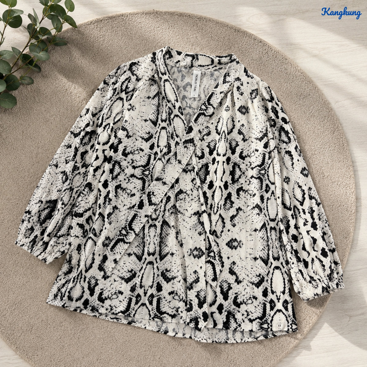 KANGKUNG LOUISA LEOPARD PRINT TIE-NECK LONG SLEEVE TOP - Q041