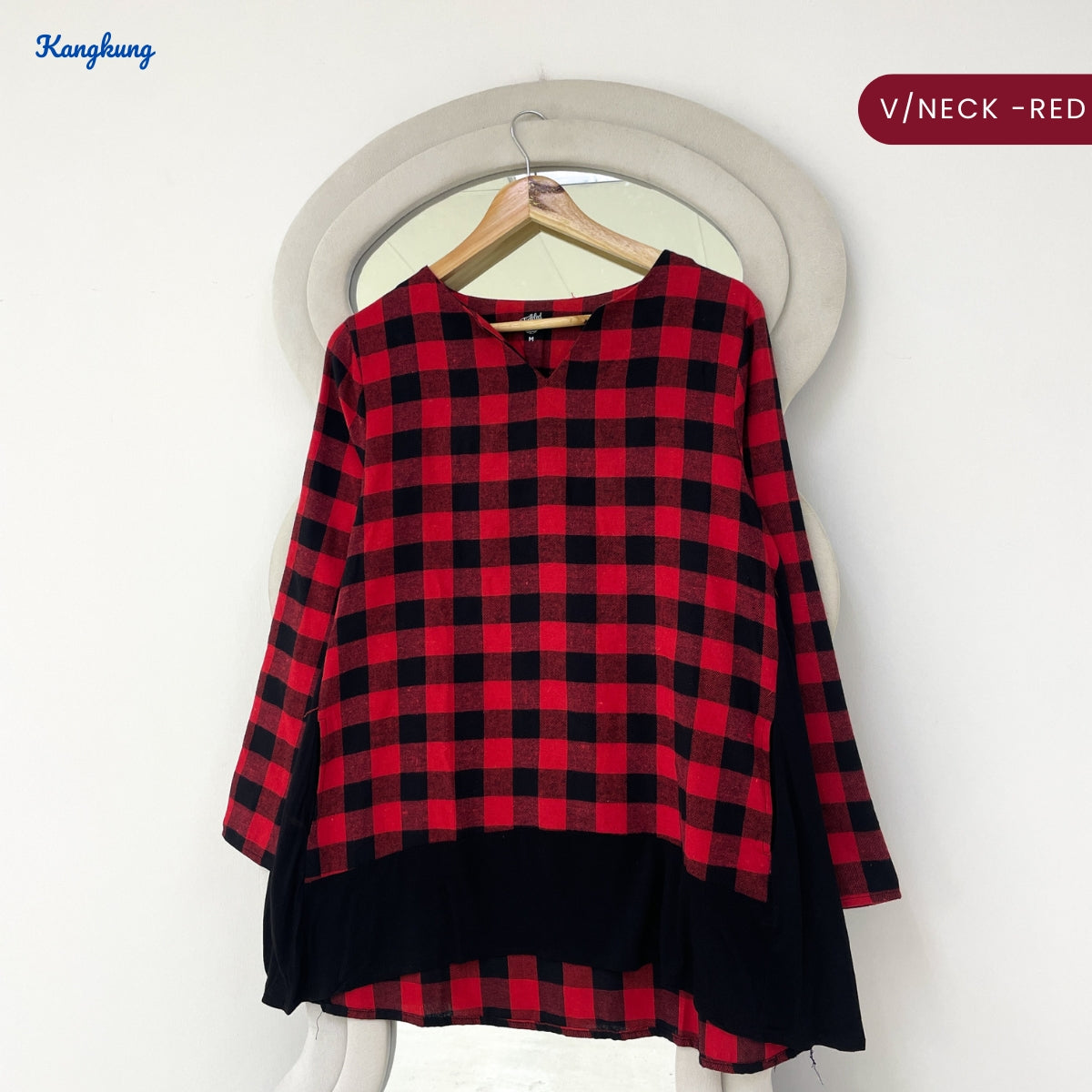 KANGKUNG SHILA PLAID LAYERED HIGH-LOW LONG SLEEVE TOP - Q042