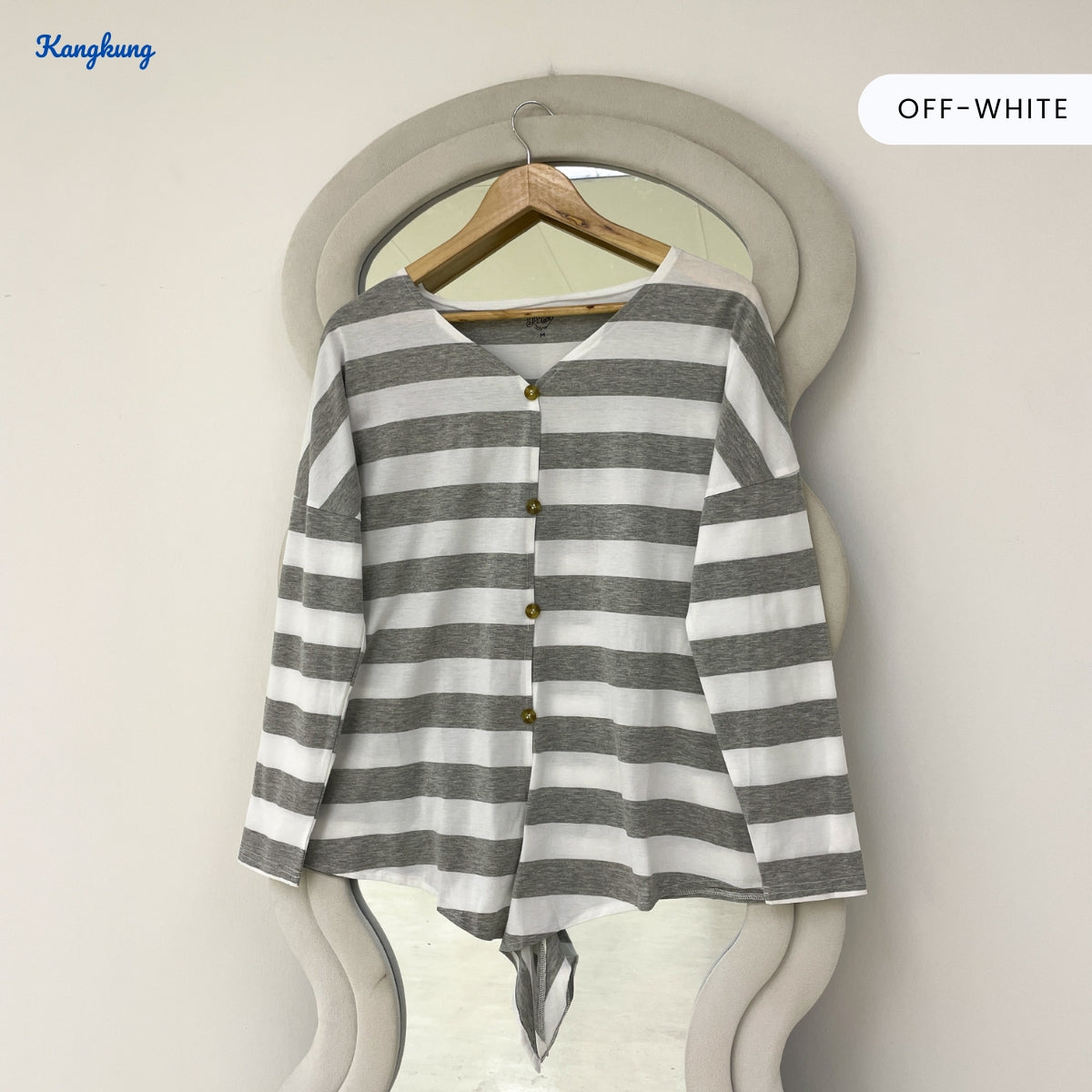 KANGKUNG CAMELIA STRIPED BUTTON-UP TIE-HEM LONG TOP - Q044
