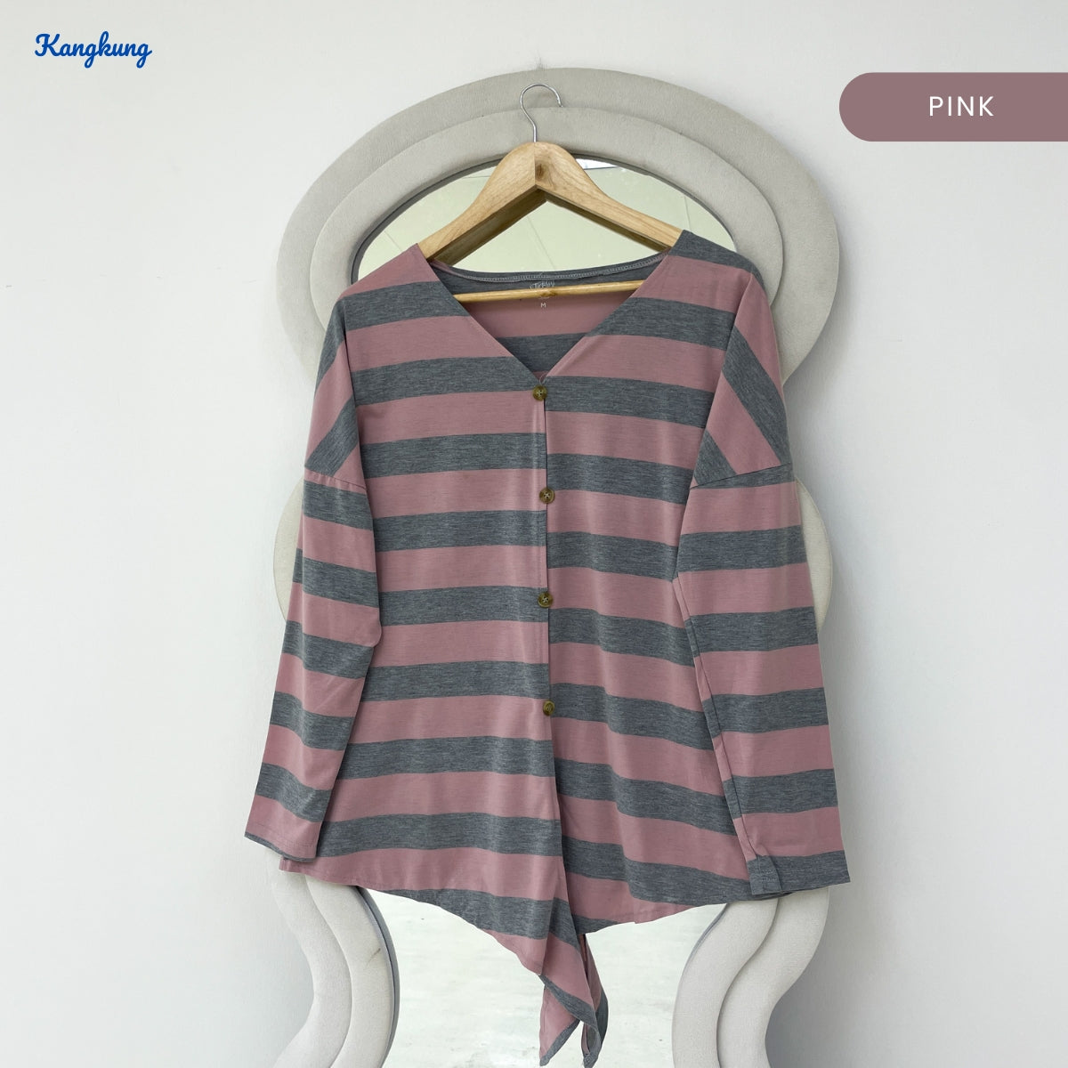 KANGKUNG CAMELIA STRIPED BUTTON-UP TIE-HEM LONG TOP - Q044