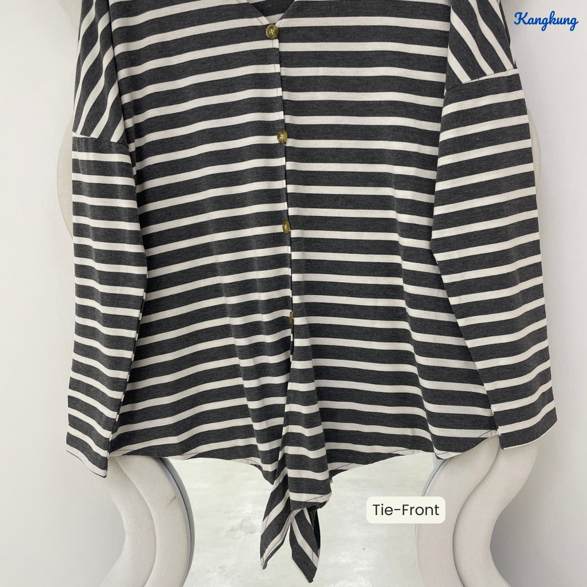 KANGKUNG CAMELIA STRIPED BUTTON-UP TIE-HEM LONG TOP - Q044